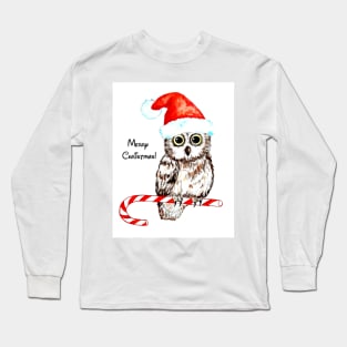 Owl, Mery Christmas, watercolor, nursery, home decor, baby wall art, greeting card Long Sleeve T-Shirt